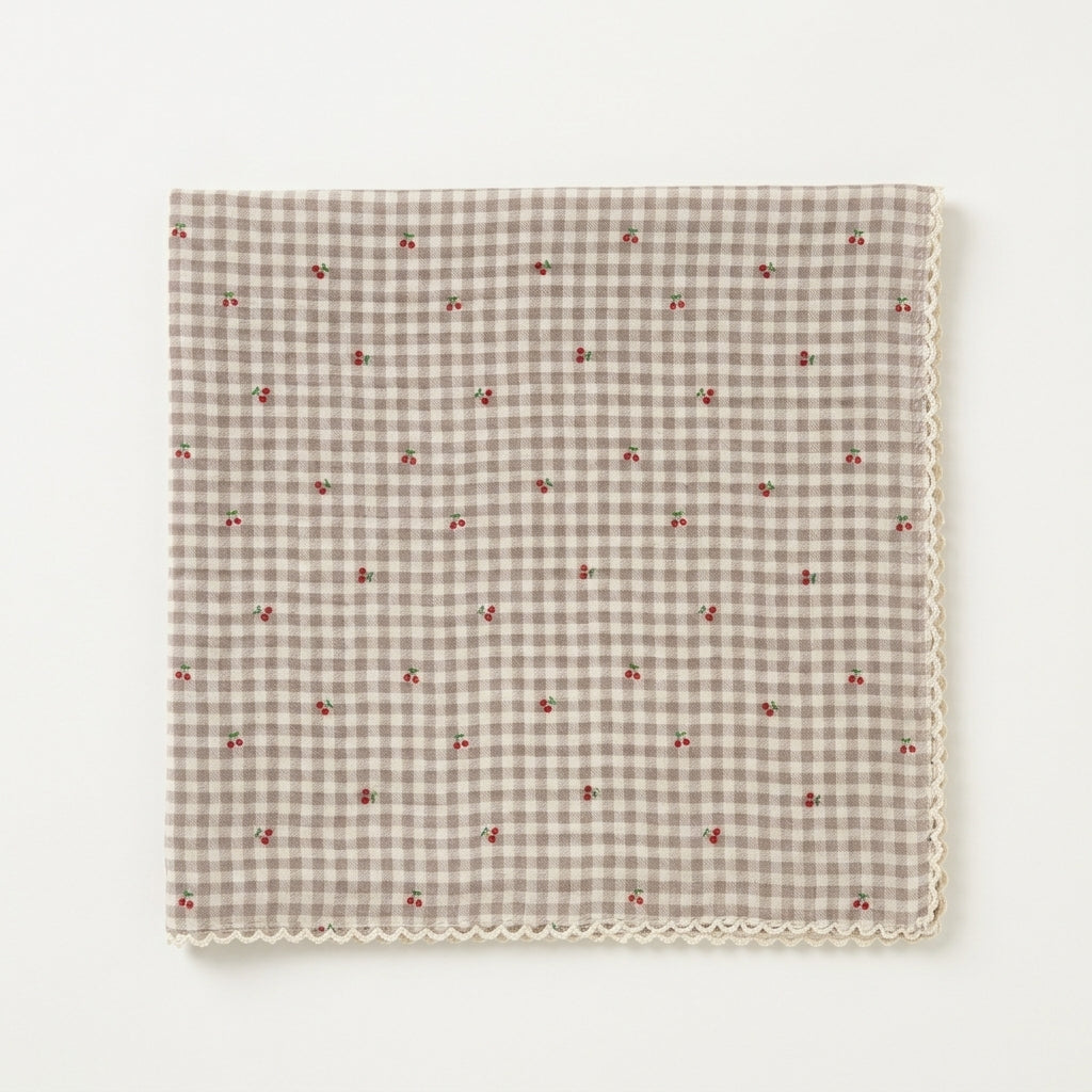 Mini Cherry Gingham Lace Cotton Handkerchief – Soft Square Petit Scarf