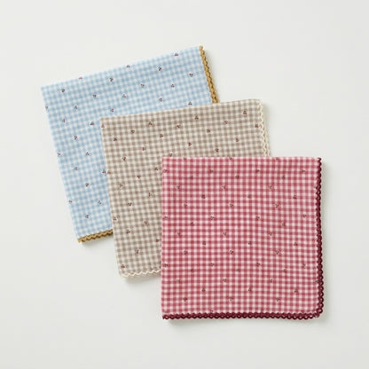 Mini Cherry Gingham Lace Cotton Handkerchief – Soft Square Petit Scarf