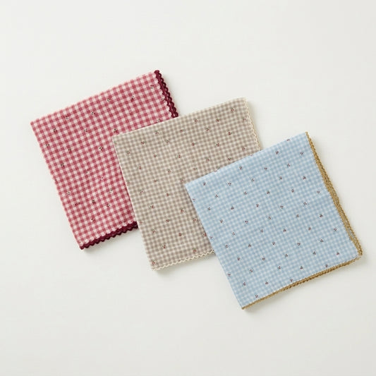 Mini Cherry Gingham Lace Cotton Handkerchief – Soft Square Petit Scarf