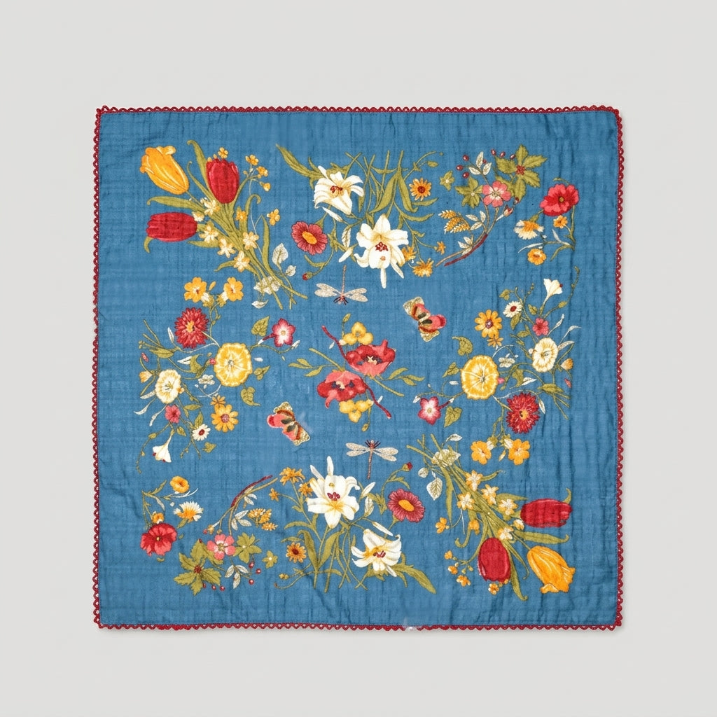 Vintage Garden Floral Lace Cotton Handkerchief – Soft Square Petit Scarf