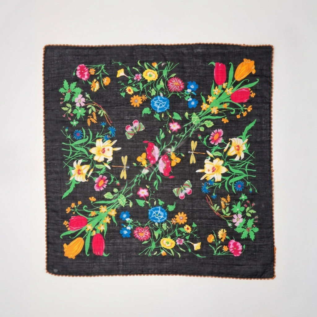 Vintage Garden Floral Lace Cotton Handkerchief – Soft Square Petit Scarf