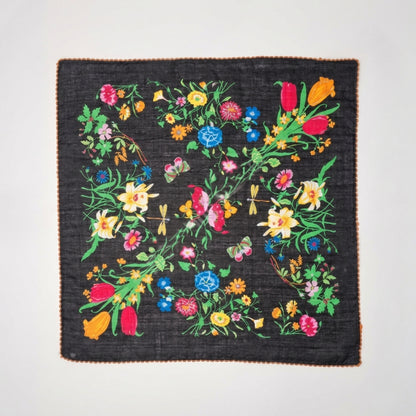 Vintage Garden Floral Lace Cotton Handkerchief – Soft Square Petit Scarf