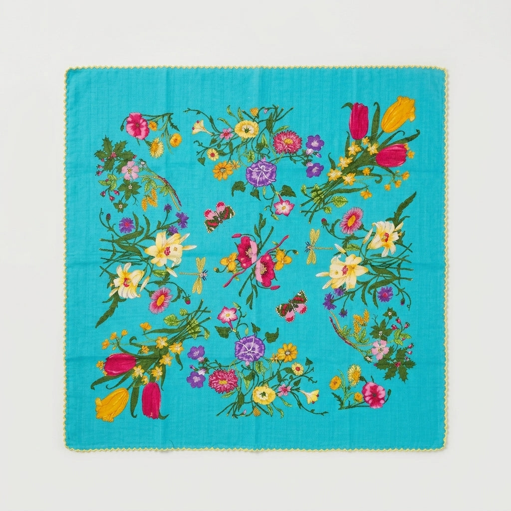 Vintage Garden Floral Lace Cotton Handkerchief – Soft Square Petit Scarf