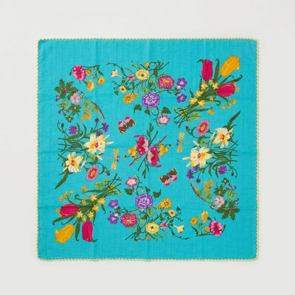 Vintage Garden Floral Lace Cotton Handkerchief – Soft Square Petit Scarf
