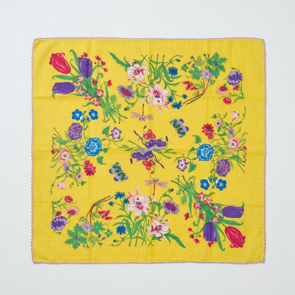 Vintage Garden Floral Lace Cotton Handkerchief – Soft Square Petit Scarf