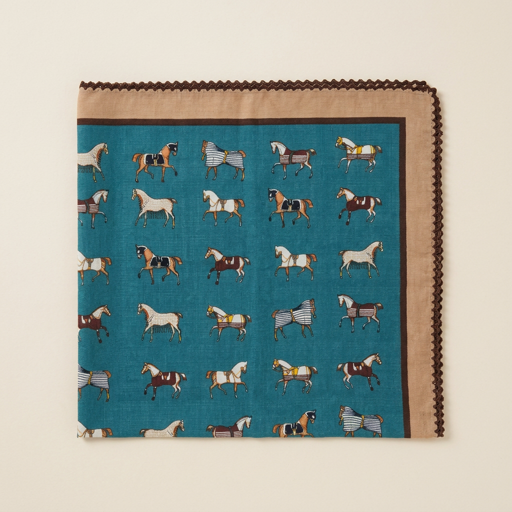 Vintage Equestrian Horse Print Cotton Handkerchief – Soft Square Petit Scarf