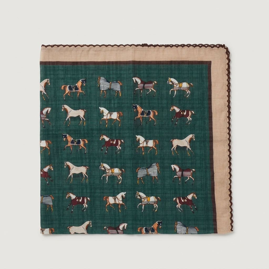 Vintage Equestrian Horse Print Cotton Handkerchief – Soft Square Petit Scarf