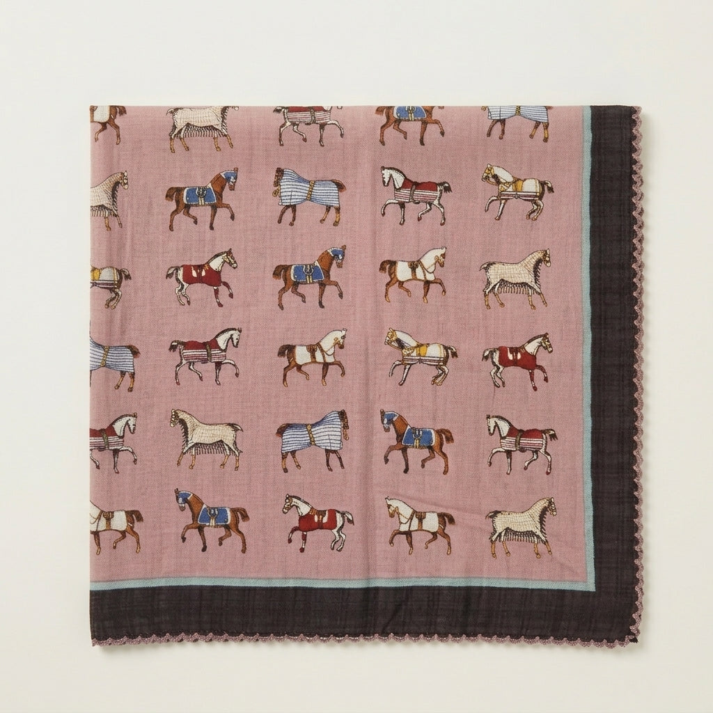Vintage Equestrian Horse Print Cotton Handkerchief – Soft Square Petit Scarf