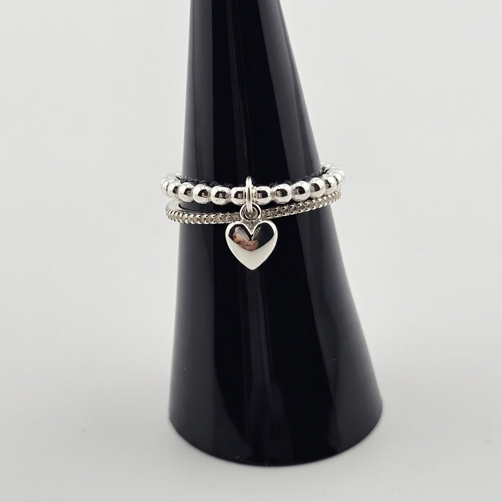 Sterling Silver Beaded Heart Charm Ring
