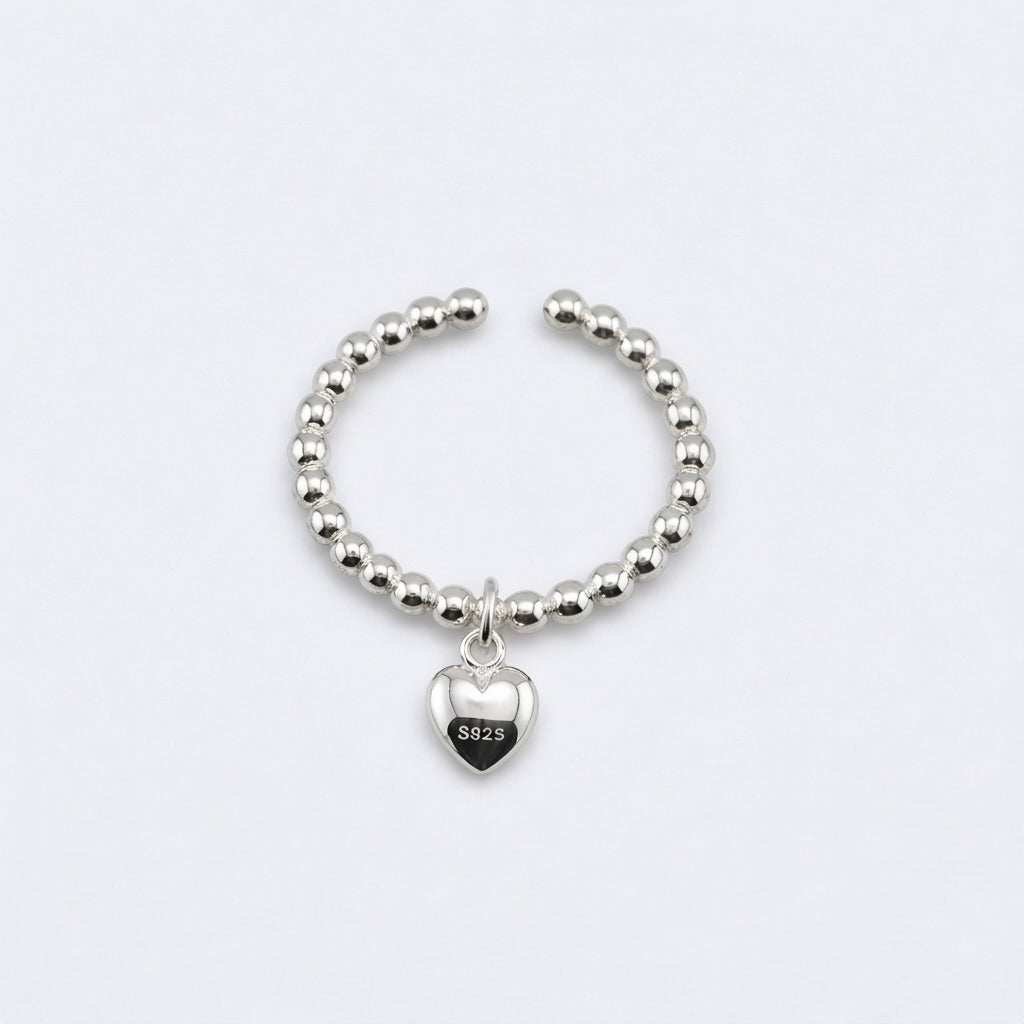 Sterling Silver Beaded Heart Charm Ring