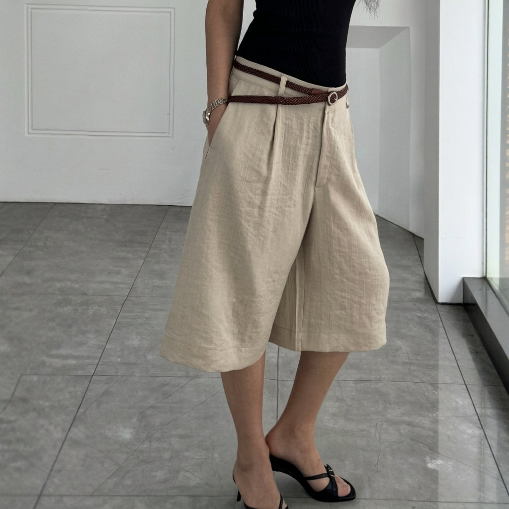 Relaxed Fit Linen Bermuda Shorts – Women One Size