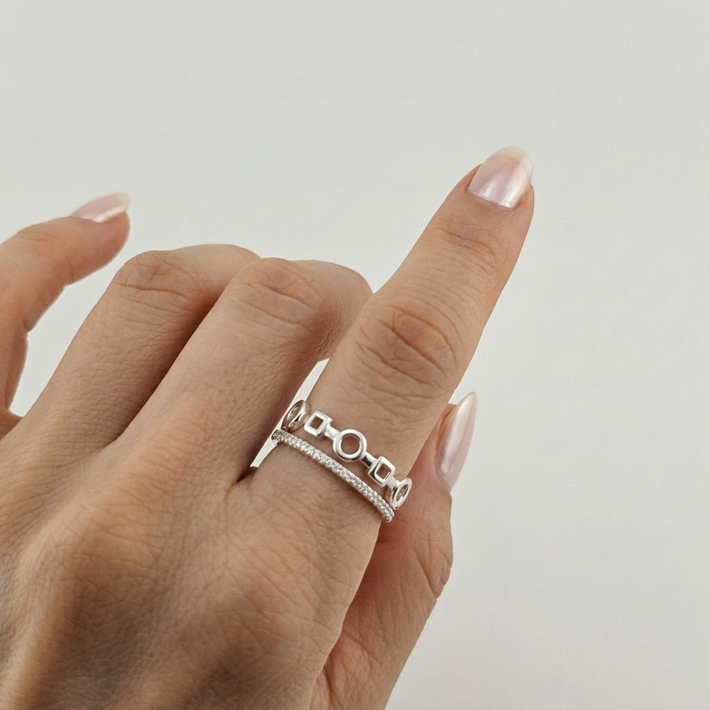 Geometric Circle & Square Silver Ring