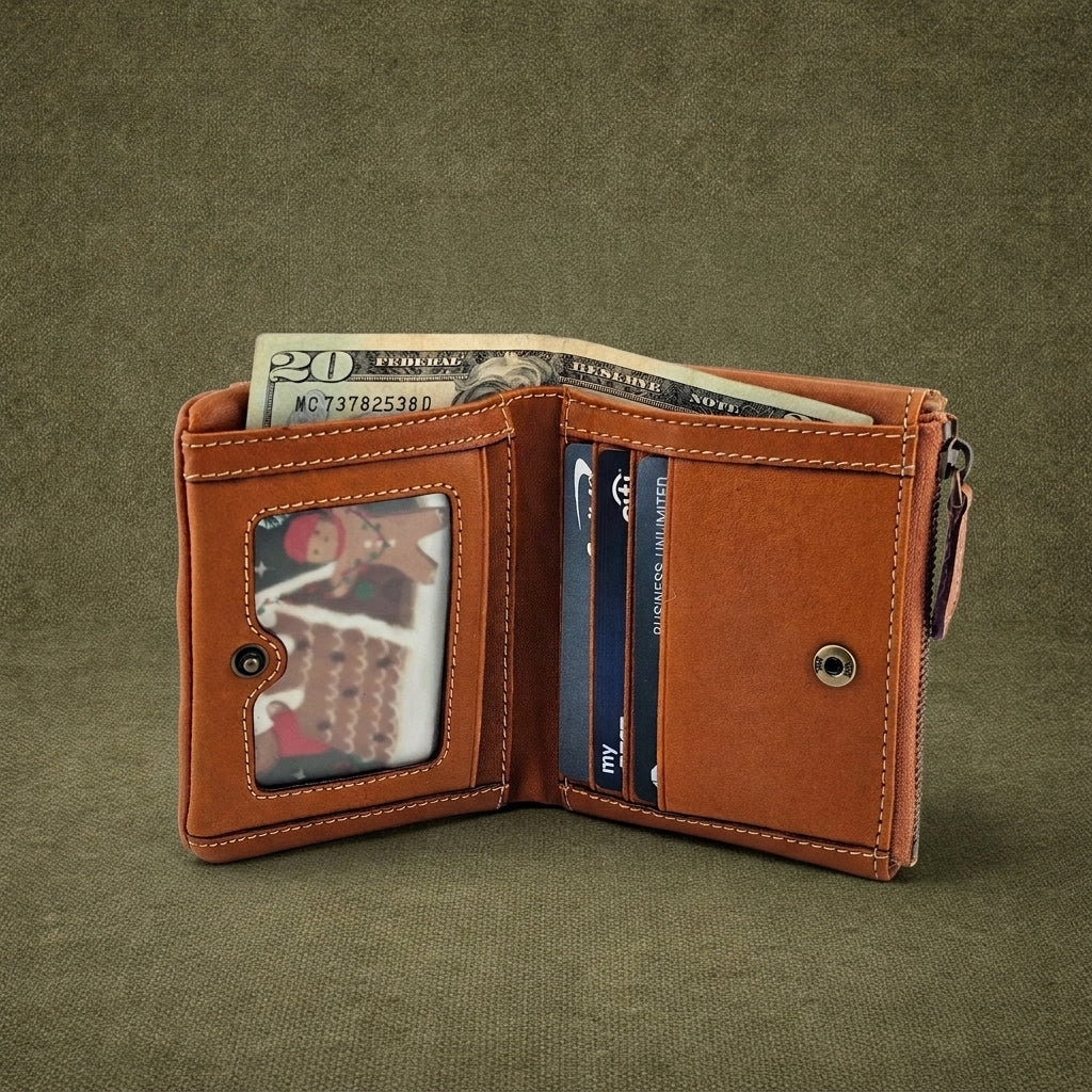 Handmade Cowhide Snap Pocket Bifold Wallet