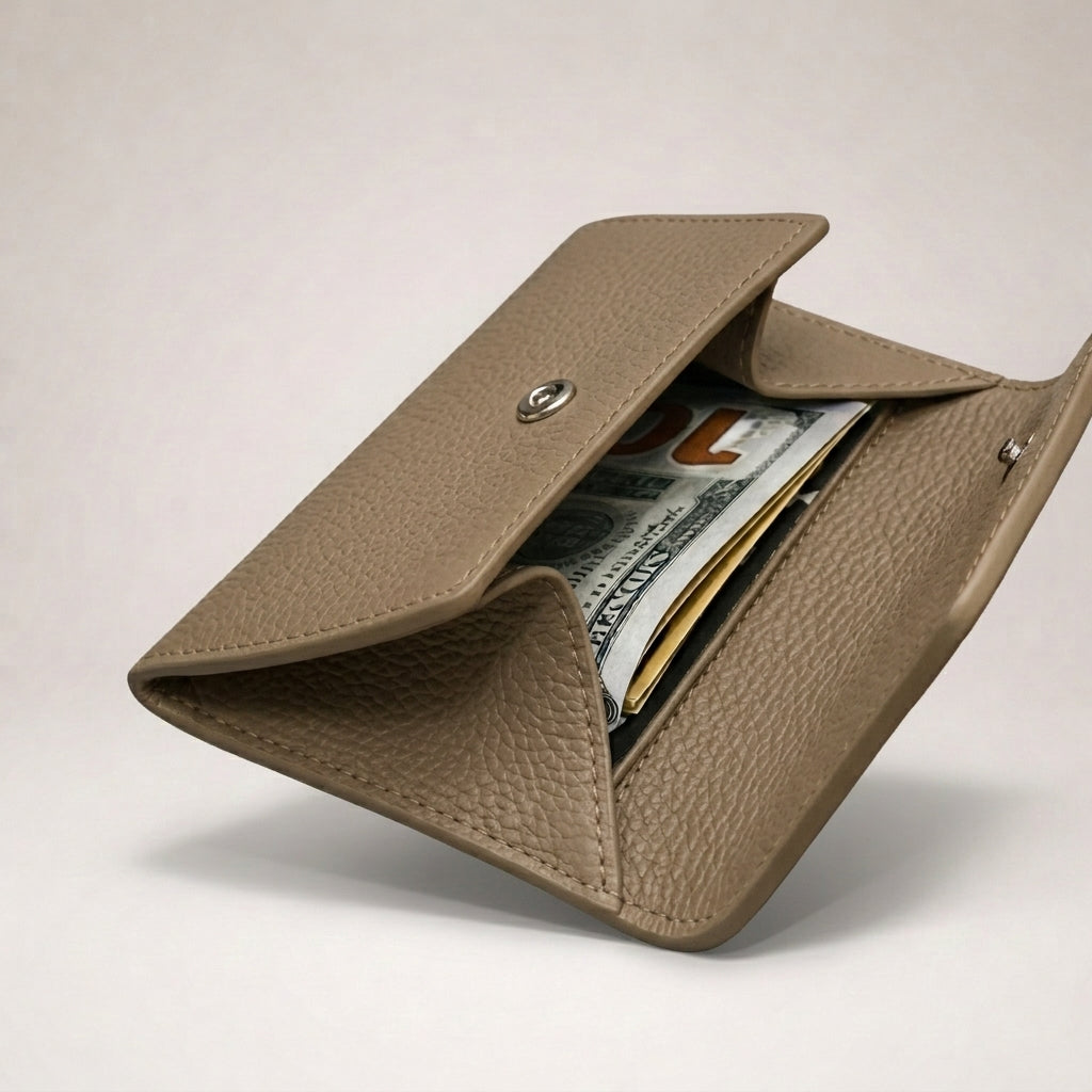 Mini Pebbled Leather Card Wallet – Compact Snap Closure Cash & Card Holder