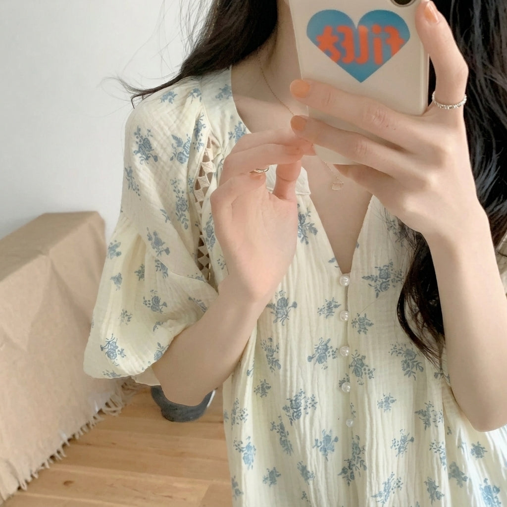 Soft Floral Gauze Cotton Nightdress – Pearl Button & Lace Trim