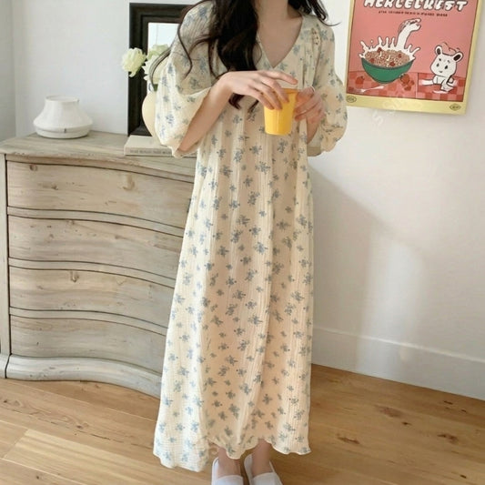 Soft Floral Gauze Cotton Nightdress – Pearl Button & Lace Trim