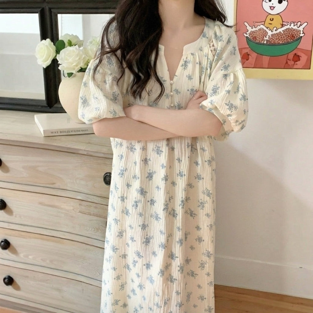 Soft Floral Gauze Cotton Nightdress – Pearl Button & Lace Trim