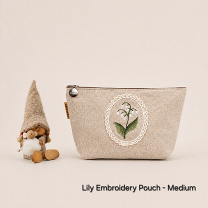Lily Embroidery Pouch – Linen Blend Zipper Bag (Medium & Large) Made in Korea