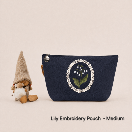 Lily Embroidery Pouch – Linen Blend Zipper Bag (Medium & Large) Made in Korea