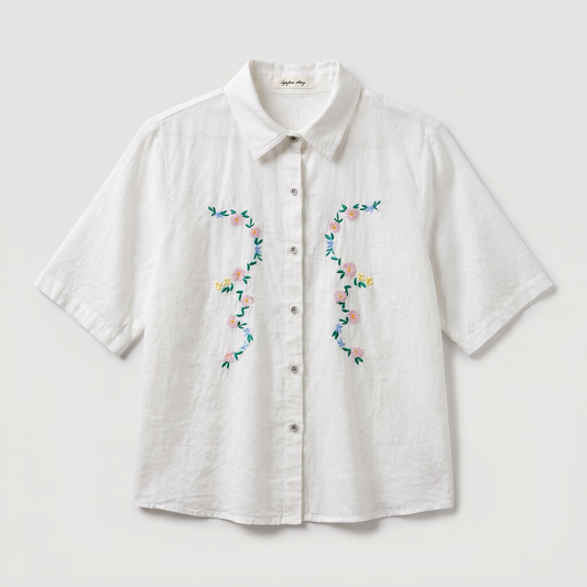 Vintage Floral Embroidery Linen Shirt – Women One Size