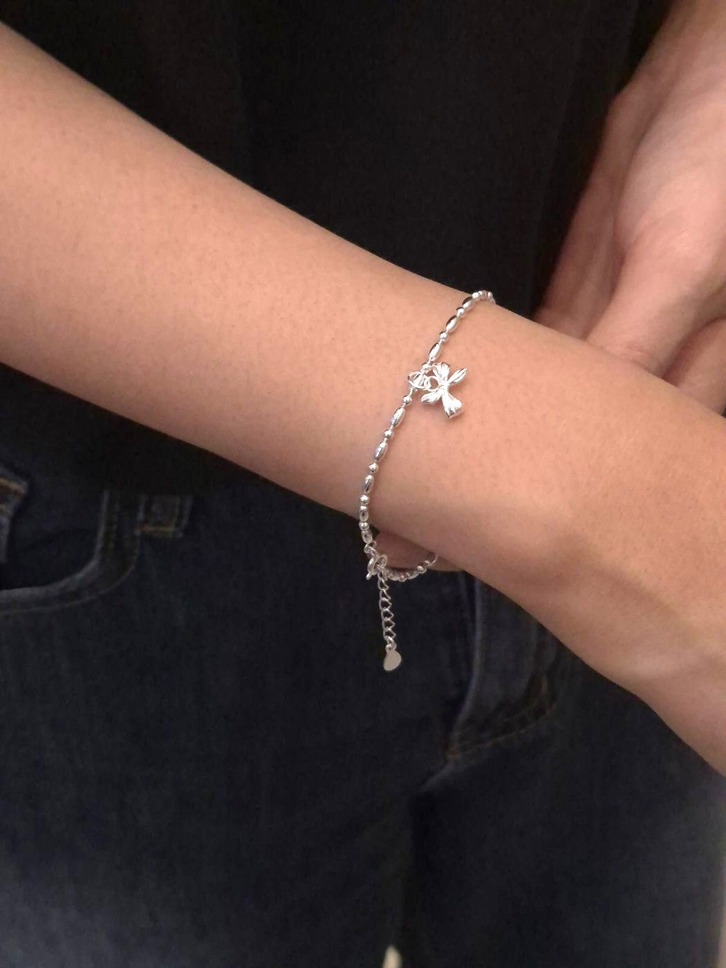 Bow Charm Beaded Bracelet in Sterling Silver