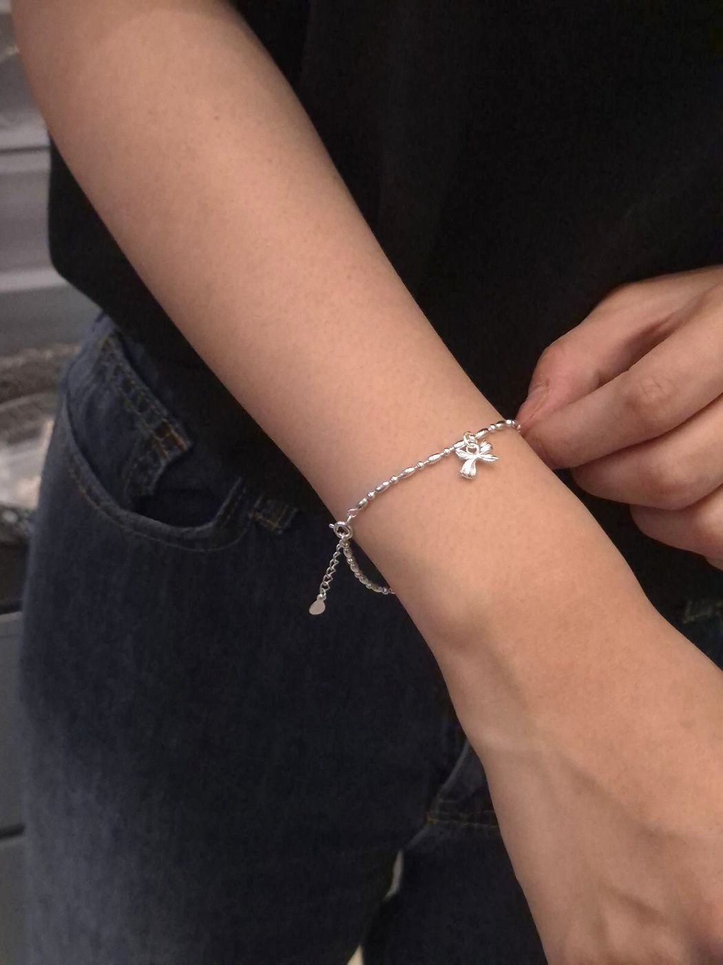 Bow Charm Beaded Bracelet in Sterling Silver