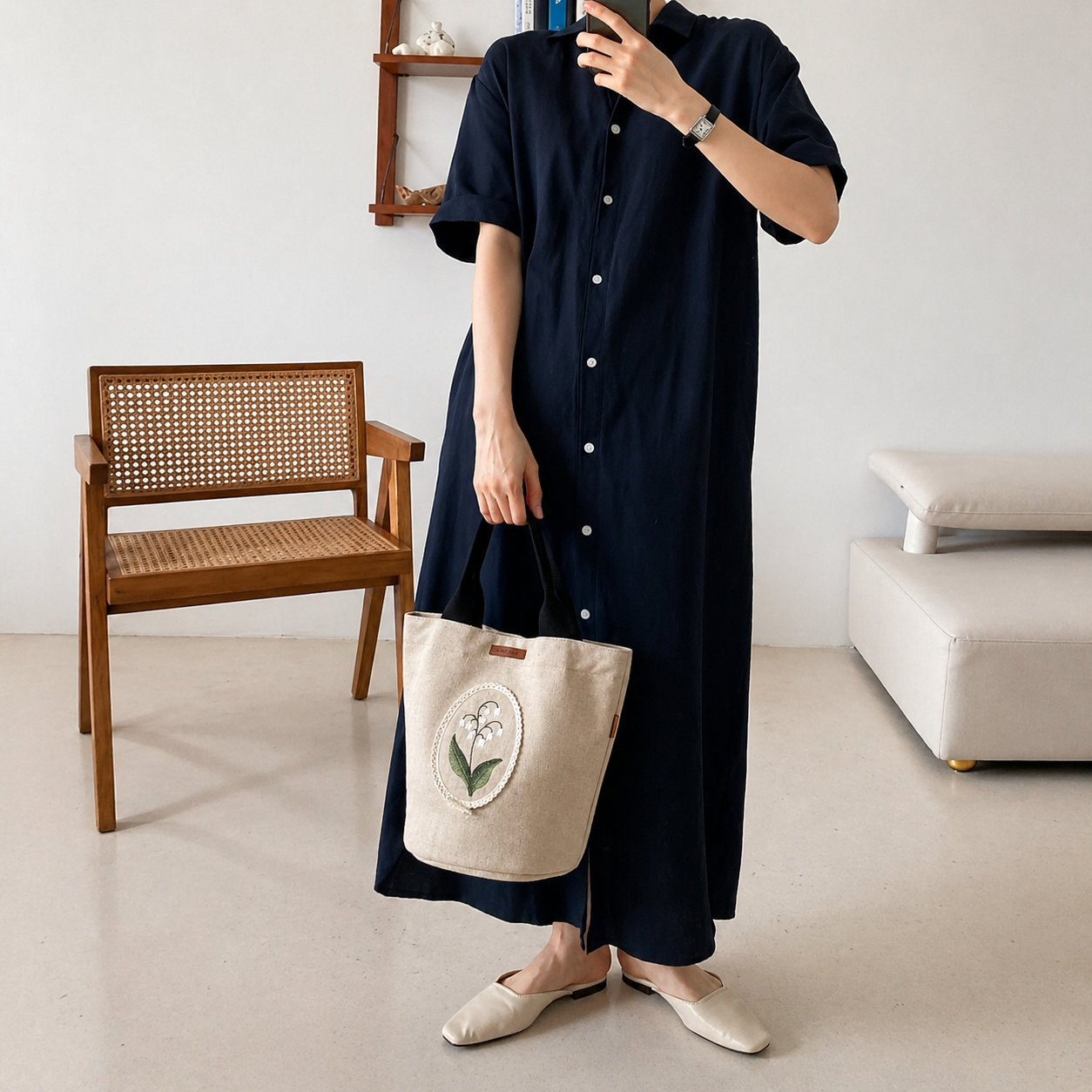 Lily Embroidery Tote Bag – Handmade Floral Canvas Bag Made in Korea