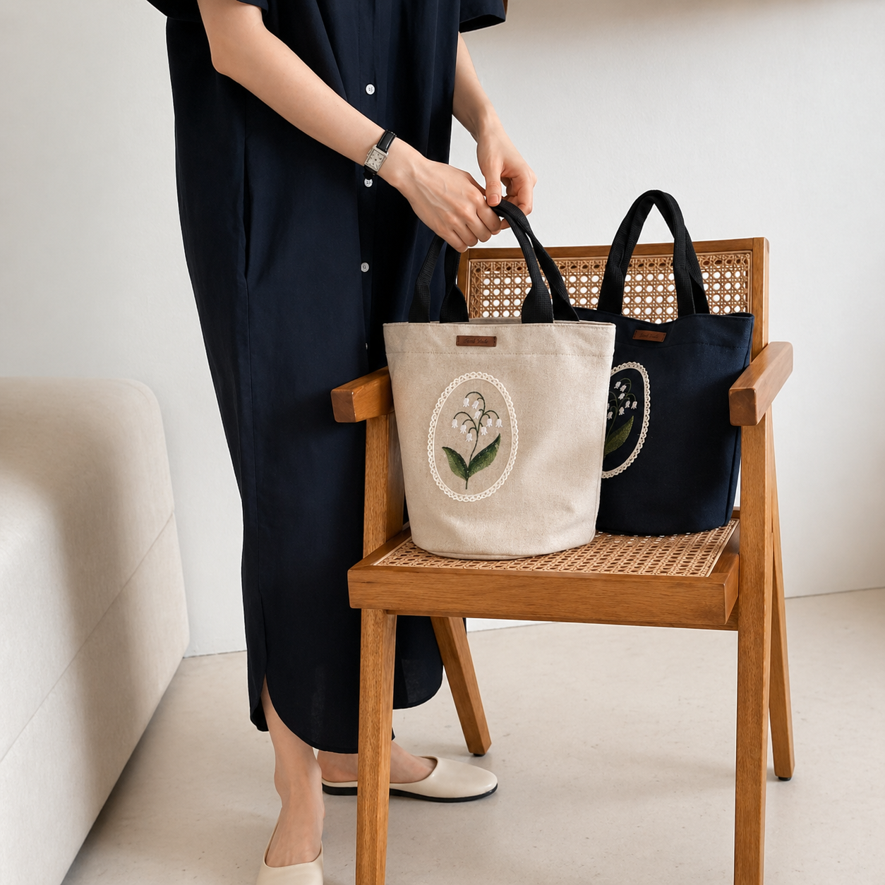 Lily Embroidery Tote Bag – Handmade Floral Canvas Bag Made in Korea