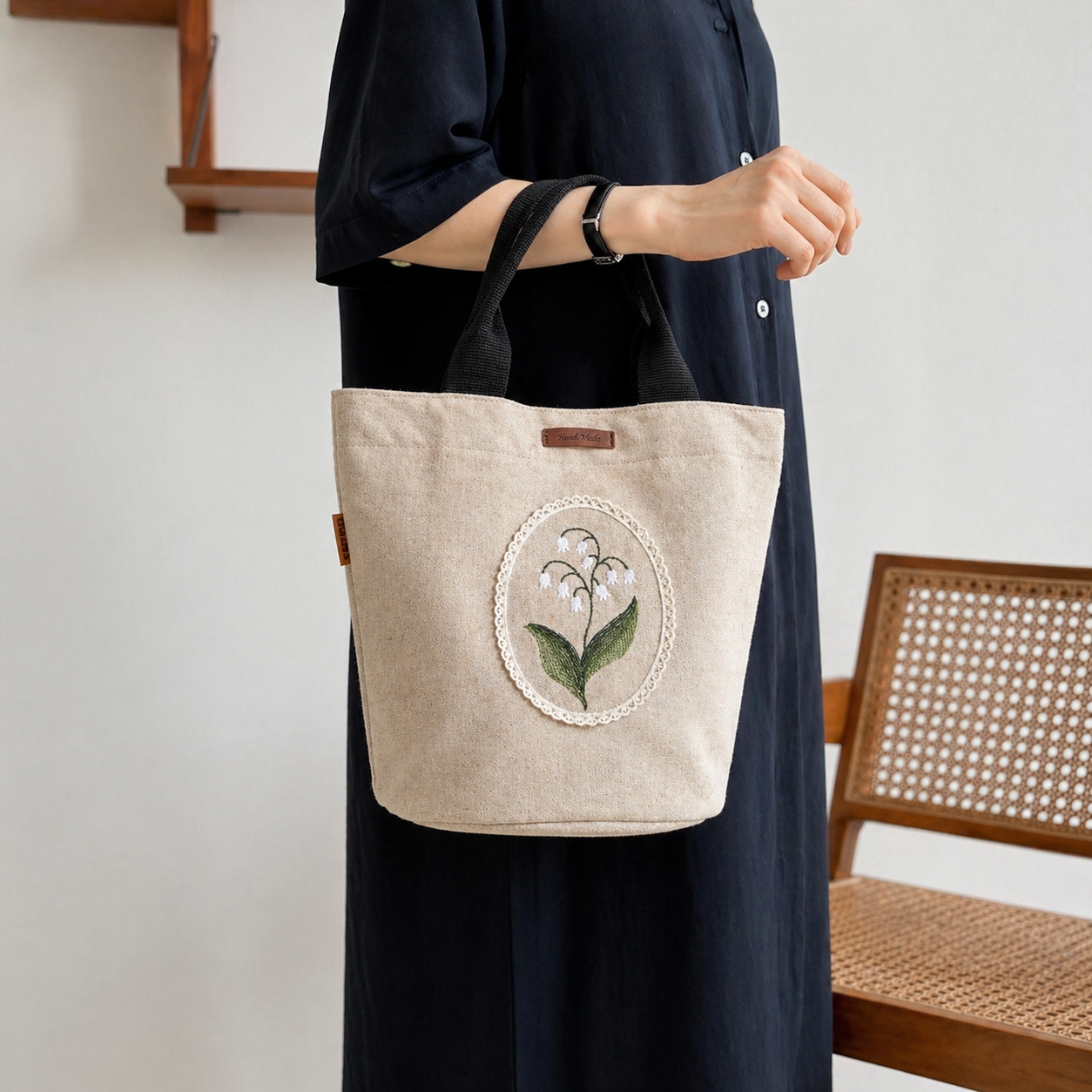 Lily Embroidery Tote Bag – Handmade Floral Canvas Bag Made in Korea