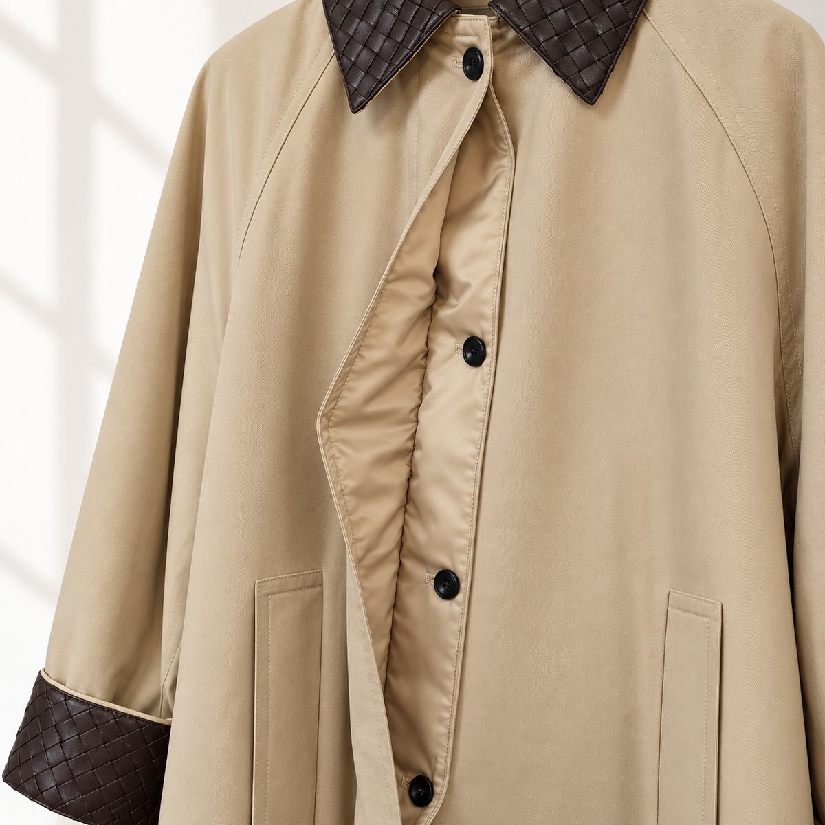 Woven Vegan Leather-Trimmed Long Trench Coat – Women’s One Size