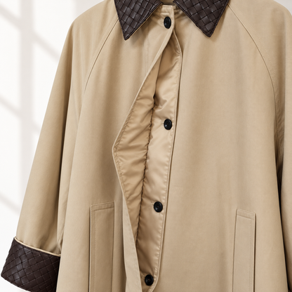 Woven Vegan Leather-Trimmed Long Trench Coat – Women’s One Size