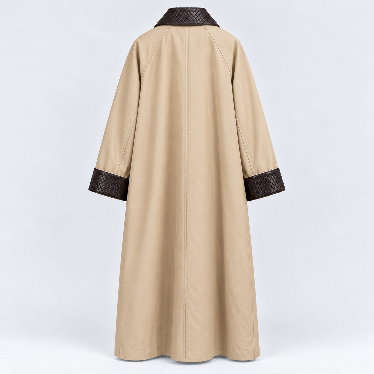 Woven Vegan Leather-Trimmed Long Trench Coat – Women’s One Size