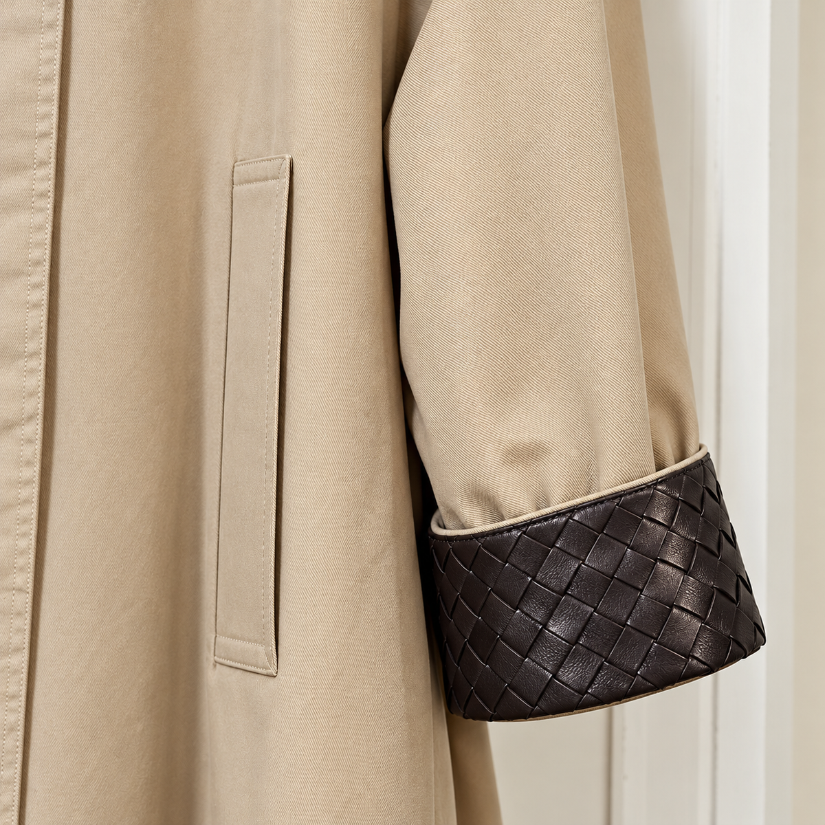 Woven Vegan Leather-Trimmed Long Trench Coat – Women’s One Size