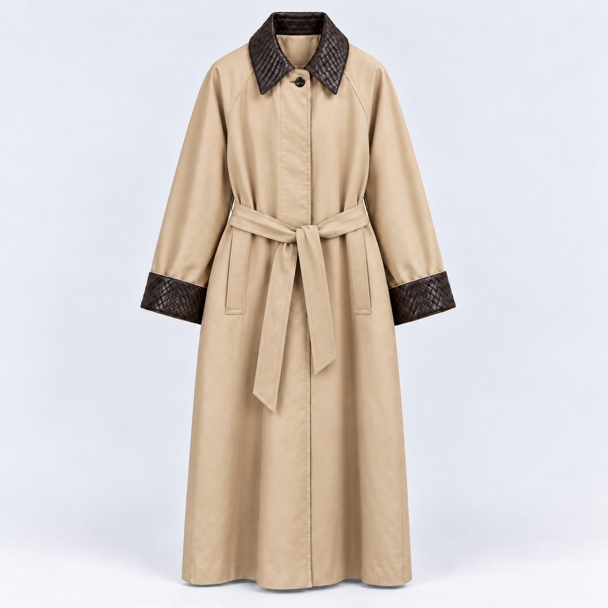 Woven Vegan Leather-Trimmed Long Trench Coat – Women’s One Size