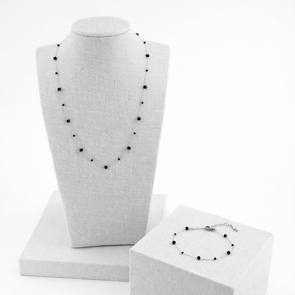 Delicate Black Bead Necklace & Bracelet Set