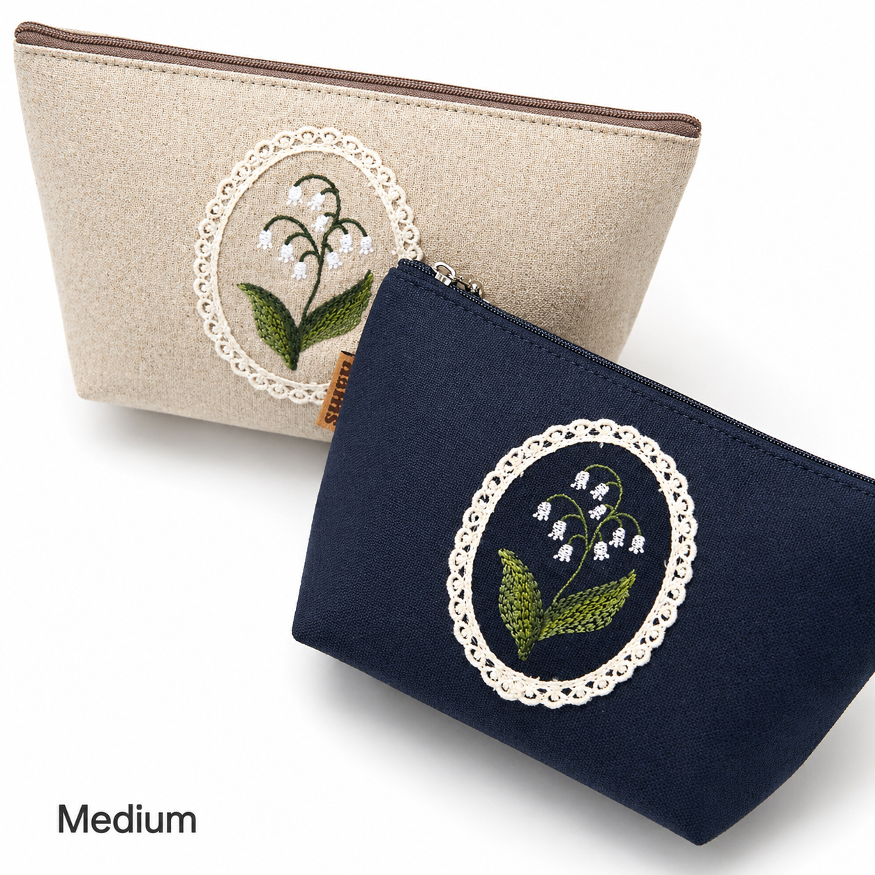 Lily Embroidery Pouch – Linen Blend Zipper Bag (Medium & Large) Made in Korea