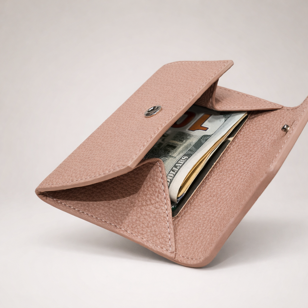 Mini Pebbled Leather Card Wallet – Compact Snap Closure Cash & Card Holder
