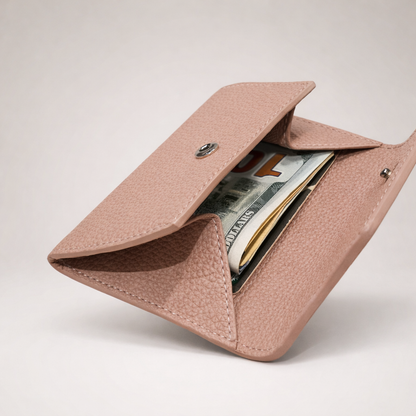 Mini Pebbled Leather Card Wallet – Compact Snap Closure Cash & Card Holder