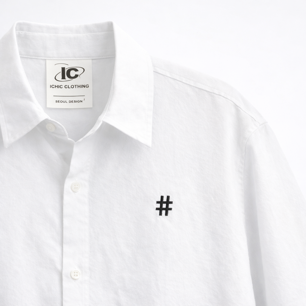 Korean Cotton Wide-Shoulder Shirt with Hashtag Embroidery  - Men One Size
