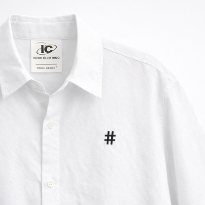 Korean Cotton Wide-Shoulder Shirt with Hashtag Embroidery  - Men One Size