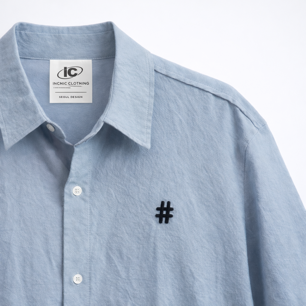 Korean Cotton Wide-Shoulder Shirt with Hashtag Embroidery  - Men One Size