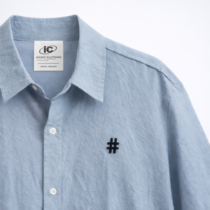 Korean Cotton Wide-Shoulder Shirt with Hashtag Embroidery  - Men One Size