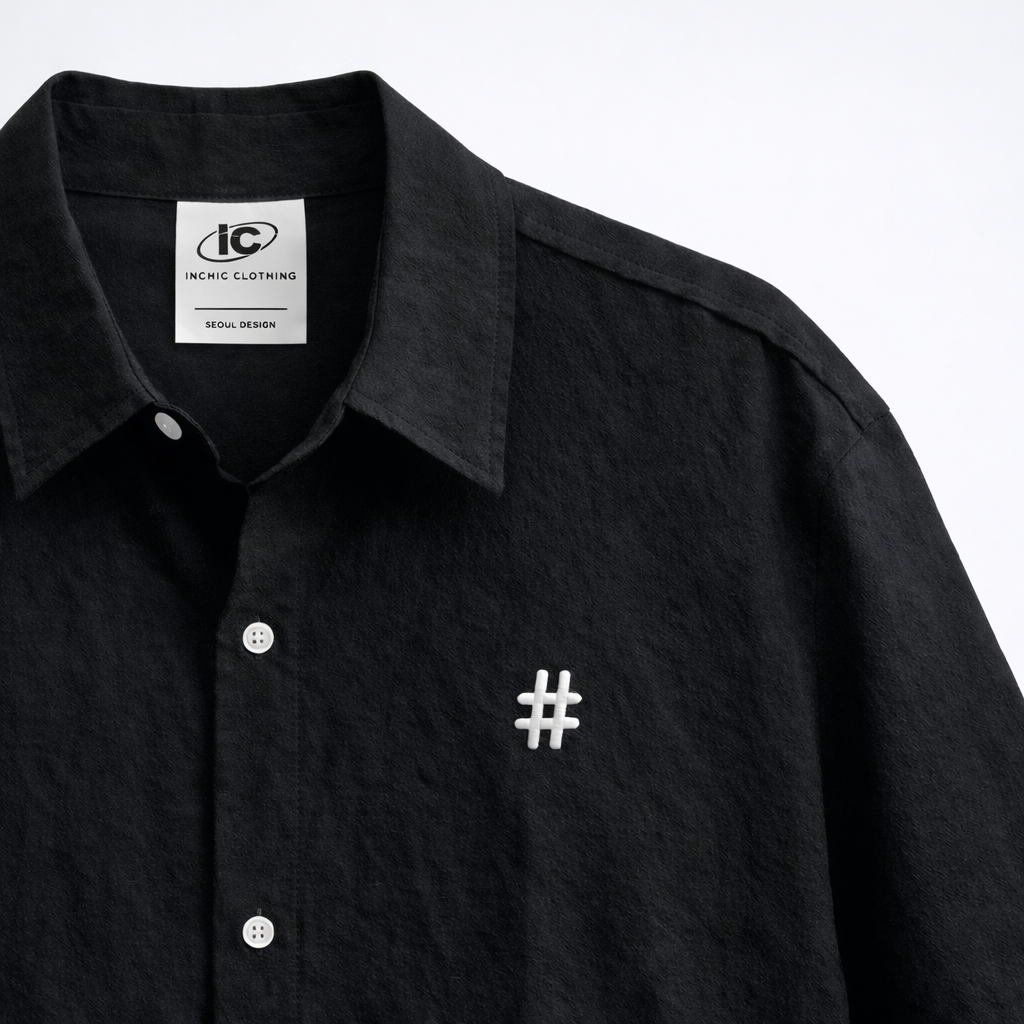 Korean Cotton Wide-Shoulder Shirt with Hashtag Embroidery  - Men One Size