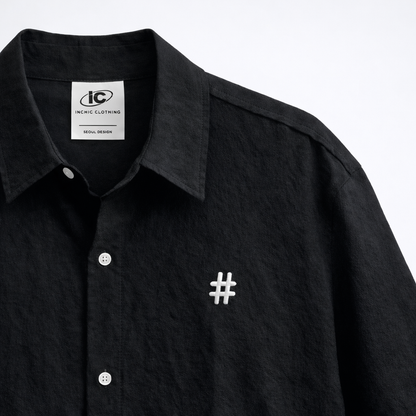 Korean Cotton Wide-Shoulder Shirt with Hashtag Embroidery  - Men One Size
