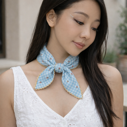 Mini Cherry Gingham Lace Cotton Handkerchief – Soft Square Petit Scarf