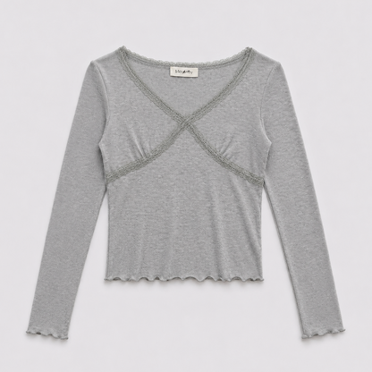 Lace Trim Cross Front Rib Top – Women One Size
