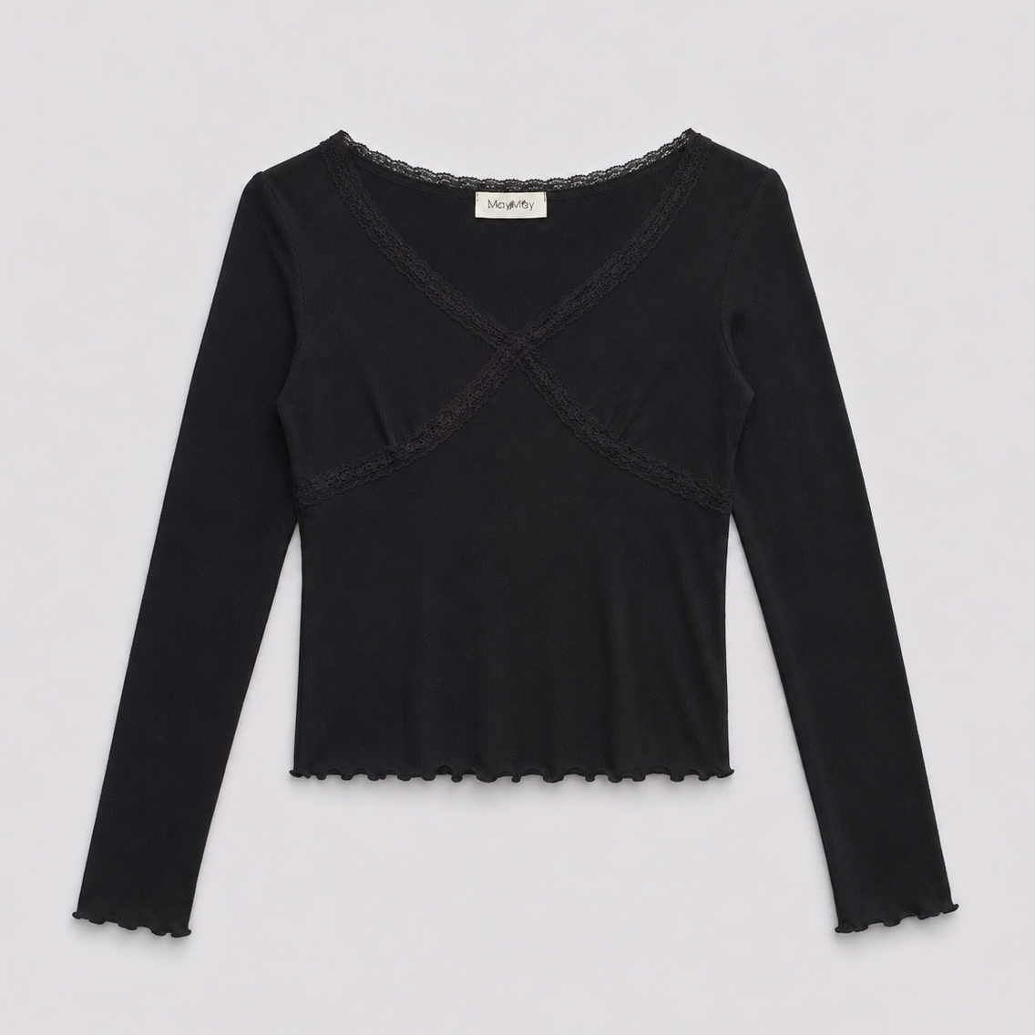 Lace Trim Cross Front Rib Top – Women One Size