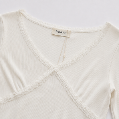 Lace Trim Cross Front Rib Top – Women One Size
