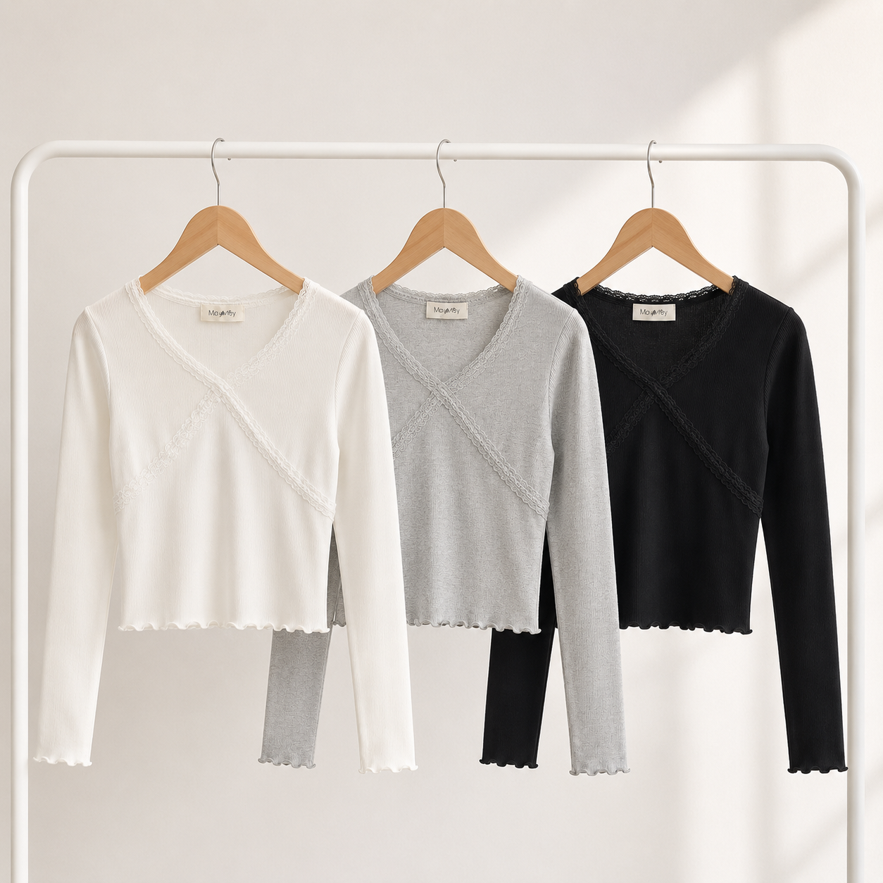 Lace Trim Cross Front Rib Top – Women One Size
