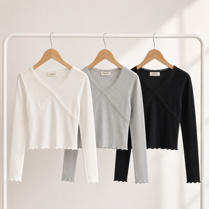 Lace Trim Cross Front Rib Top – Women One Size